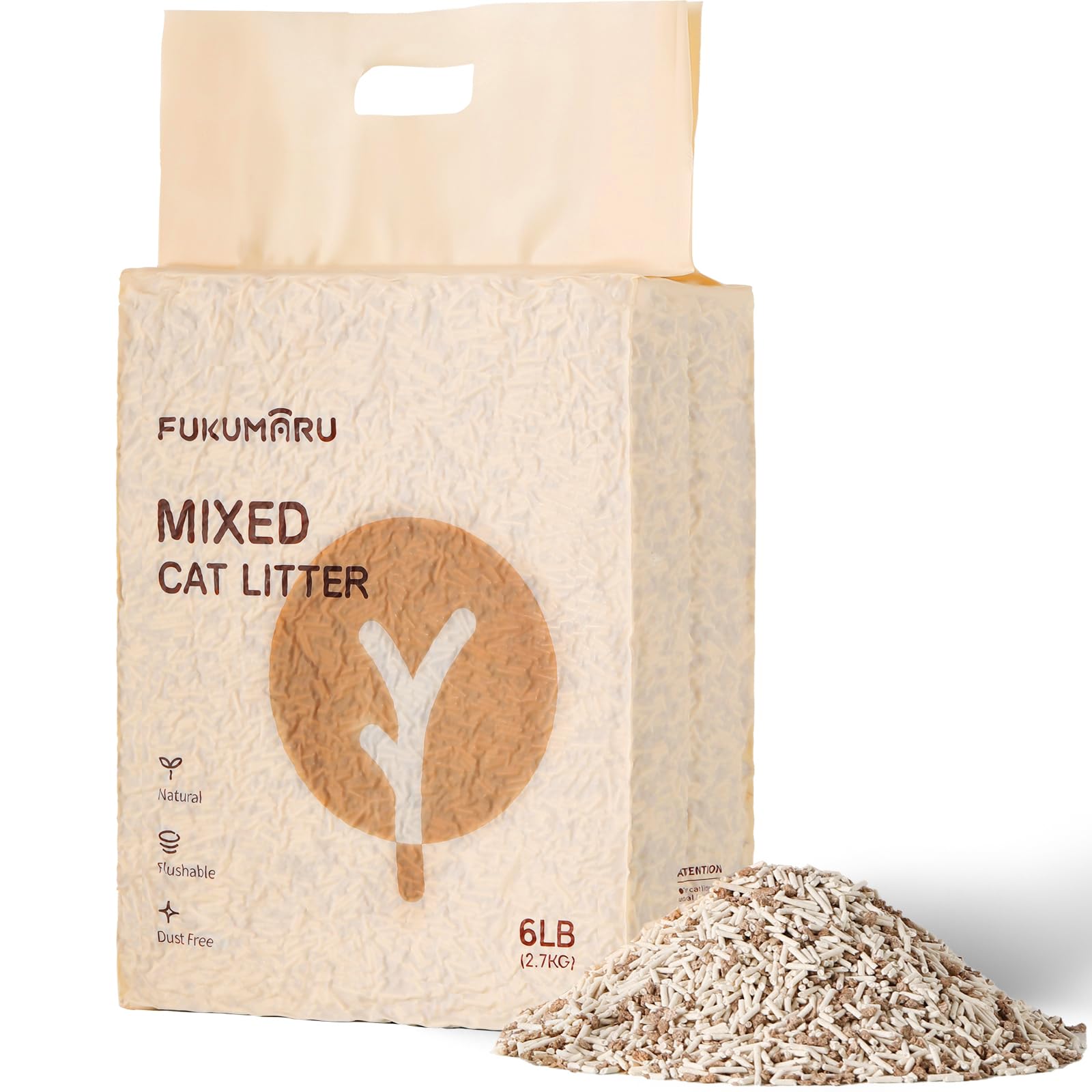 FUKUMARU Tofu Cat Litter, 6 LBS Clumping Cat Litter, Dust Free Unscented Flushable Tofu Litter, Natural, Lightweight and Low Tracking Litter Pellets Mixed Apple Wood, 24/7 Odor Control
