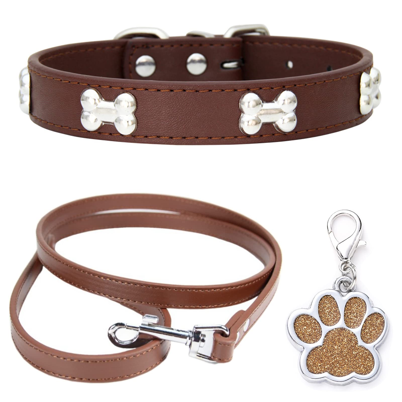 HALFSUMO Leather Dog Collar Dog Lead Combo Set Dog Collars Adjustable Puppy Collar for Small Medium Dogs Cats Brown XS
