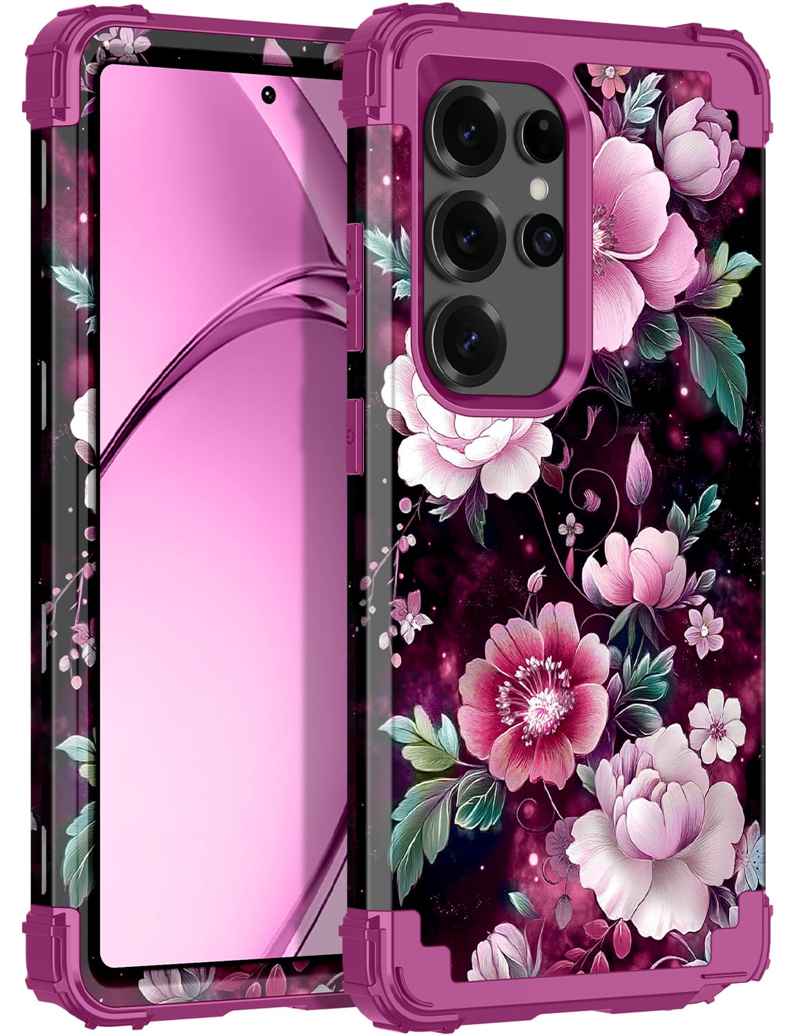 Rancase for Galaxy S25 Ultra Case,Three Layer Heavy Duty Shockproof Protection Hard Plastic Bumper +Soft Silicone Rubber Protective Case for Samsung Galaxy S25 Ultra 5G,Glow in The Dark-Plum Red