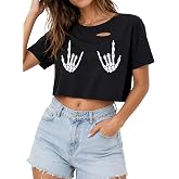 JDEEO Women's Graphic Crop Top Short Sleeve Tie Dye Cut Out T Shirt Casual Loose Fit Summer Tee