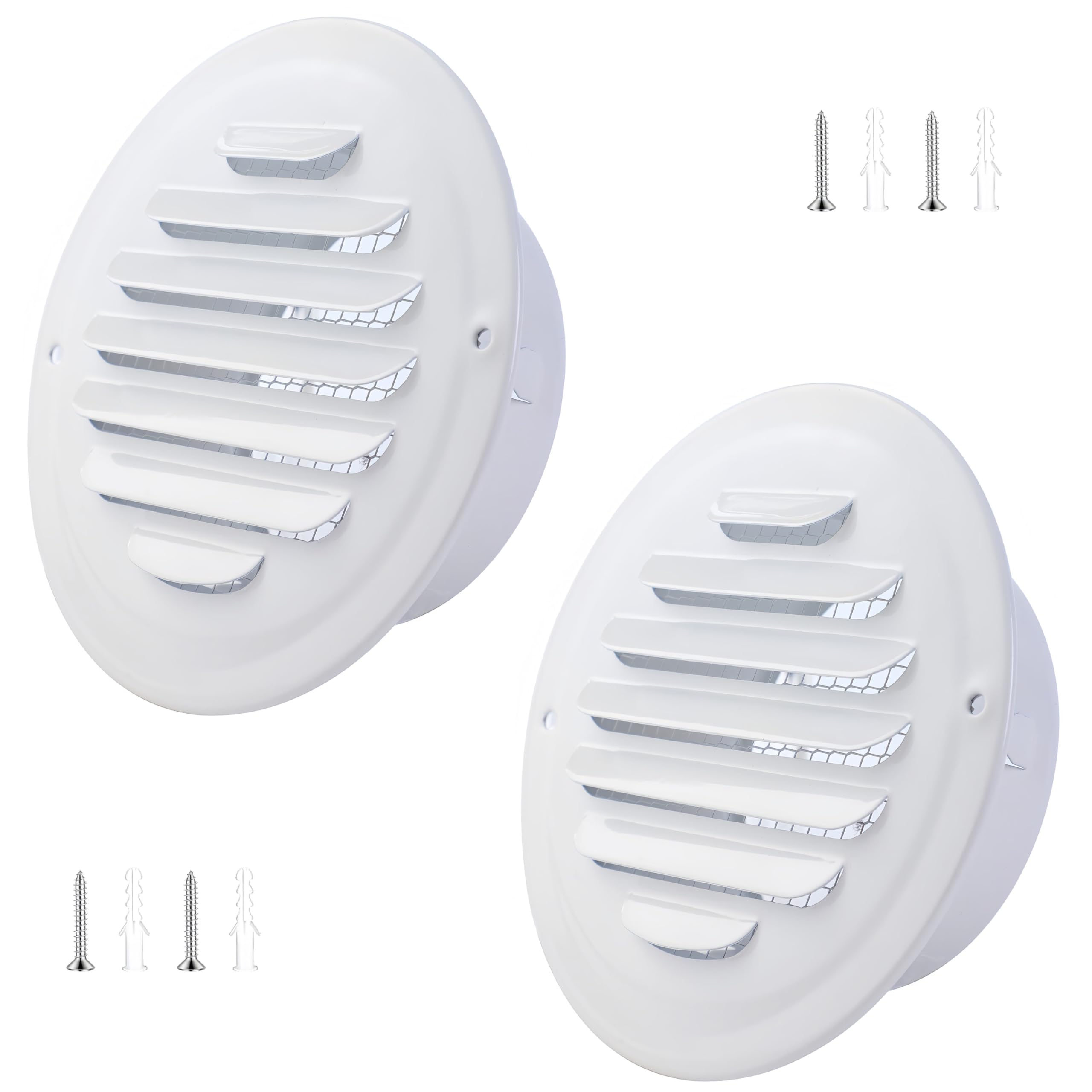 Photo 1 of 4 Inch Stainless Steel Vent Round White Soffit Vent Cover Vent Flat Duct Vent with Built-in Fine Mesh for Kitchen,Garage, Bathroom, Office and Warehouse Ventilation(White 4Inch 2Pcs)