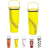 Hpytmbernb Softball Lover Gift 30 oz Flip Straw Tumbler with Top Handle Softball Pattern BPA-Free Leak Proof Stainless Steel Insulated Vacuum Flip Top Water Bottle for Sporting Working