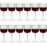 Jingmore 12 Pack Plastic Ribbed Wine Glasses With Stem 11 oz Goblet Detachable Wine Glass Disposable Champagne Cups Vintage Style for Wedding Anniversary Birthday Dinner Parties (Clear)