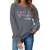 SFHFY Nurse Shirts for Women Heartbeat Print Tops Casual Long Sleeve Heartbeat Love Pullover for Nurse Life Shirt