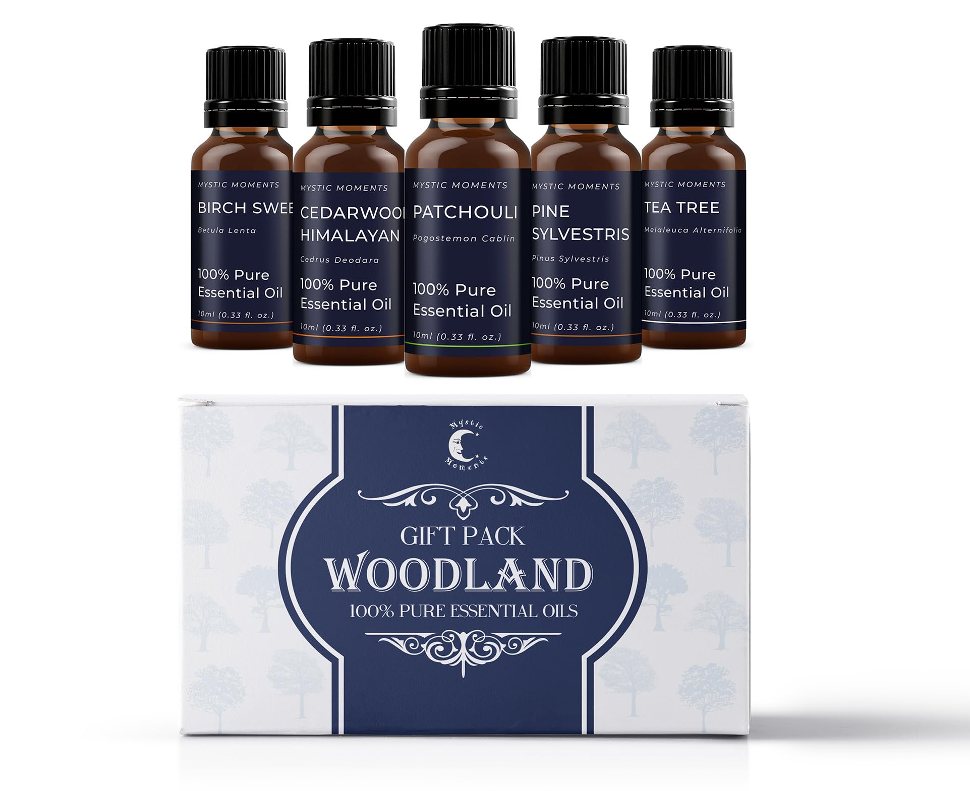 Mystic Moments | Woodland Essential Oils Gift Starter Pack | 5 x 10ml 100% Pure Aromatherapy Oils | Birch Sweet, Cedarwood Himalayan, Patchouli, Pine Sylvestris, Tea Tree