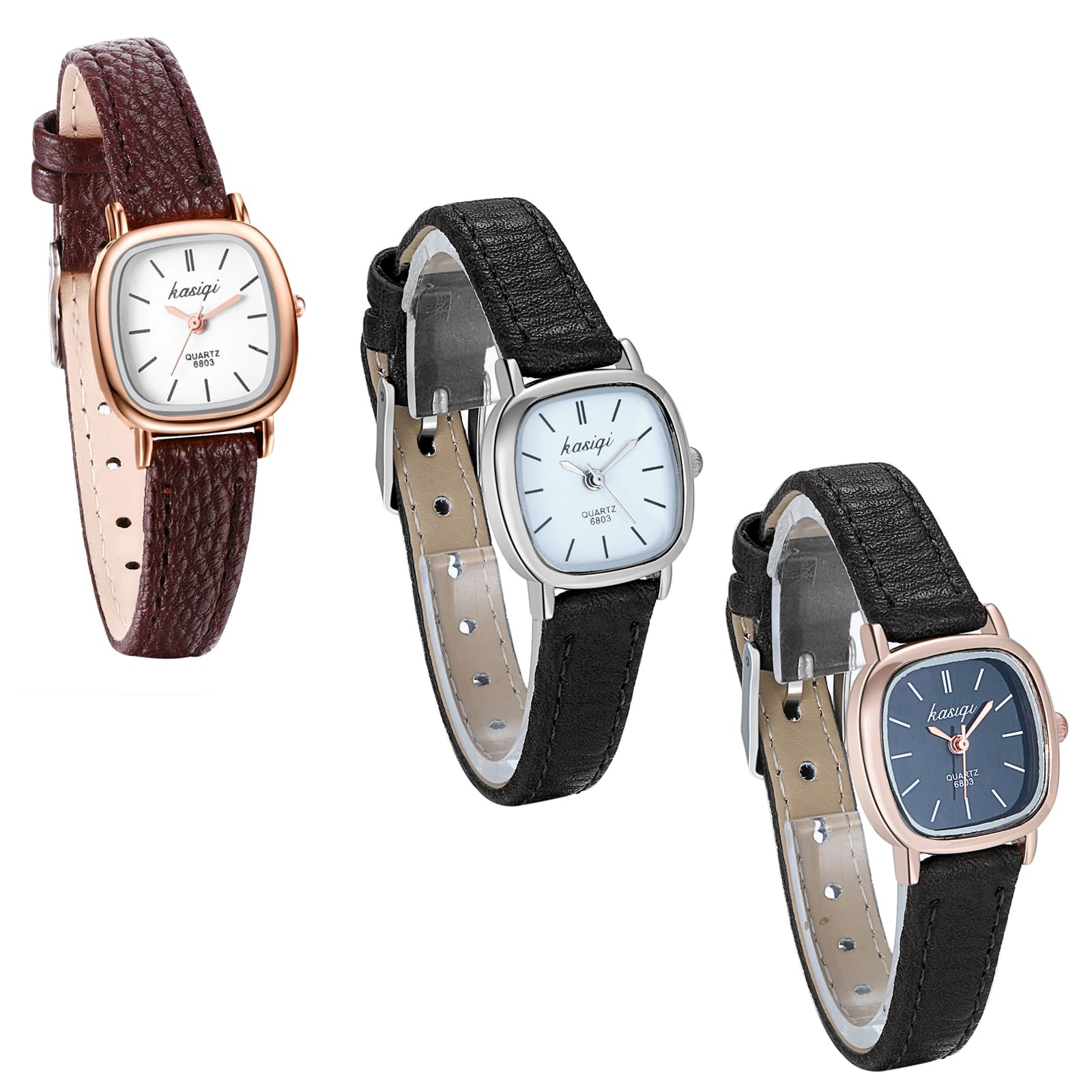 JewelryWe Pack of 3 Wholesale Fashion Womens Quartz Small Square Dial Leather Strap Classic Ladies Dress Watches