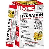 Basic Hydration Electrolyte Drink Mix, 1800mg Total Electrolytes, 6 Essential Minerals, 2:1 Sodium Potassium Ratio, 0 Sugar, Vegan & Gluten Free, 20 StickPacks