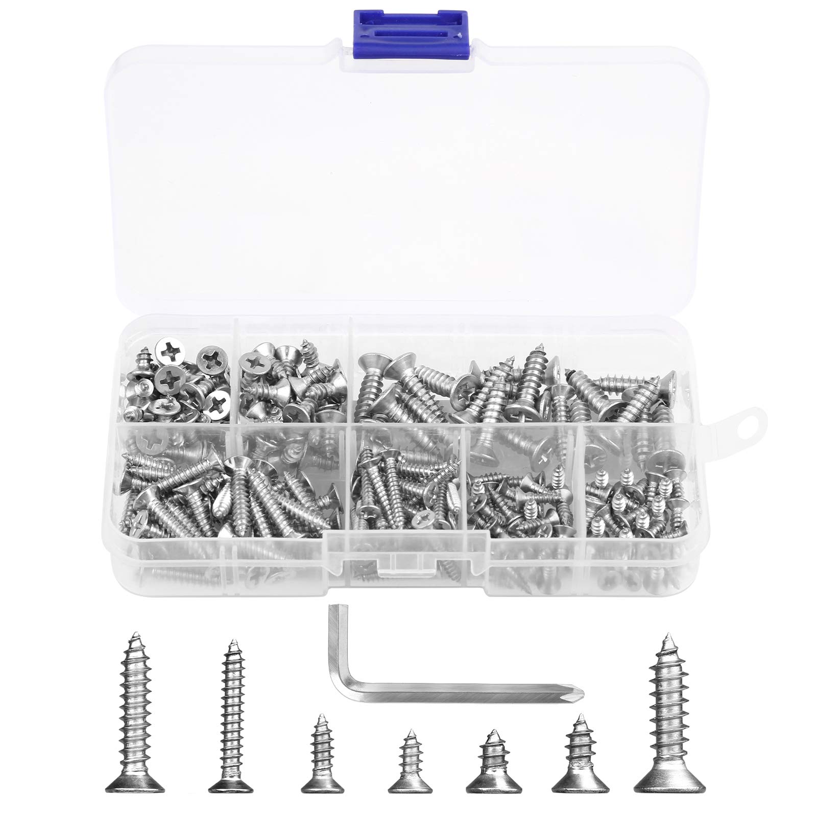 200Pcs Cross Head Countersunk Self Tapping Screws Sliver 304 Stainless Steel Assorted Sizes Metal Screws Assortment with 1Pc Wrench(M3 M4 M5/7 Sizes)