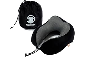 Makimoo Memory Foam Travel Pillow, Neck Pillow with 360-Degree Head Support, Comfortable and Lightweight, Ideal for Sleeping on Airplane, Car, Train, Bus and Home Use, Comes with Storage Bag (Black)