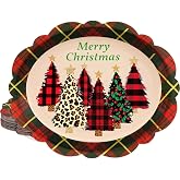 Treasure Cove Christmas Paper Plates Buffalo Plaid Xmas Tree Disposable Oval Plates Large Dinner Platters Tableware Decoration for Holiday Party Supplies 24 Pcs 10