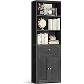 Casaottima Book Shelf & Bookcase with Doors and Drawer, 6-Tier Tall Bookshelf, Floor Standing Display Storage Shelves for Home Office, Living Room, Black