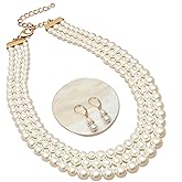 S SUSANN Costume Layered Twisted Gold Pearl Necklace Choker Chunky Glass Statement Pearl Necklace and Earring set, good gift for women Faux pearl necklace set