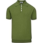 OXKNIT Men's Retro Green Knitted Poloshirt, 1960s Mod Vintage Texture Polo Cotton Short Sleeve with Quarter Button