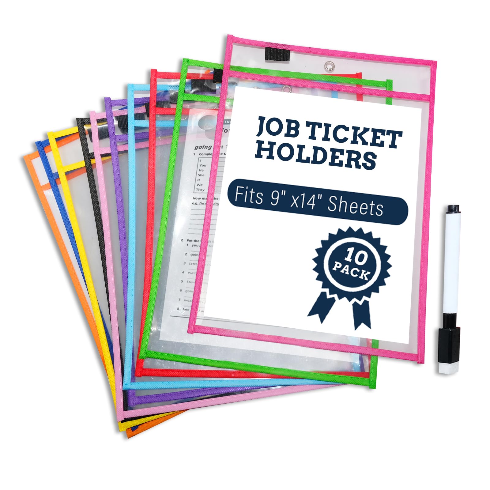 Photo 1 of 10 Colors Dry Erase Pockets Pack - Reusable Clear Plastic Sleeves & Heavy Duty Ticket Holders with 1 Dry Erase Marker Included, Durable Sheet Protectors for Classroom, Office & Shop Organization