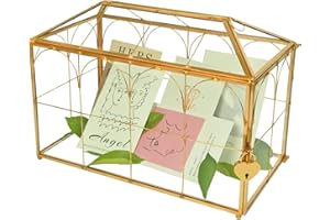 YIMORENCE V Gold Decorative Geometric Glass Card Box with Lock and Slot - Wedding Envelope Card Holder, 12.6 x 5.9 x 9 inches