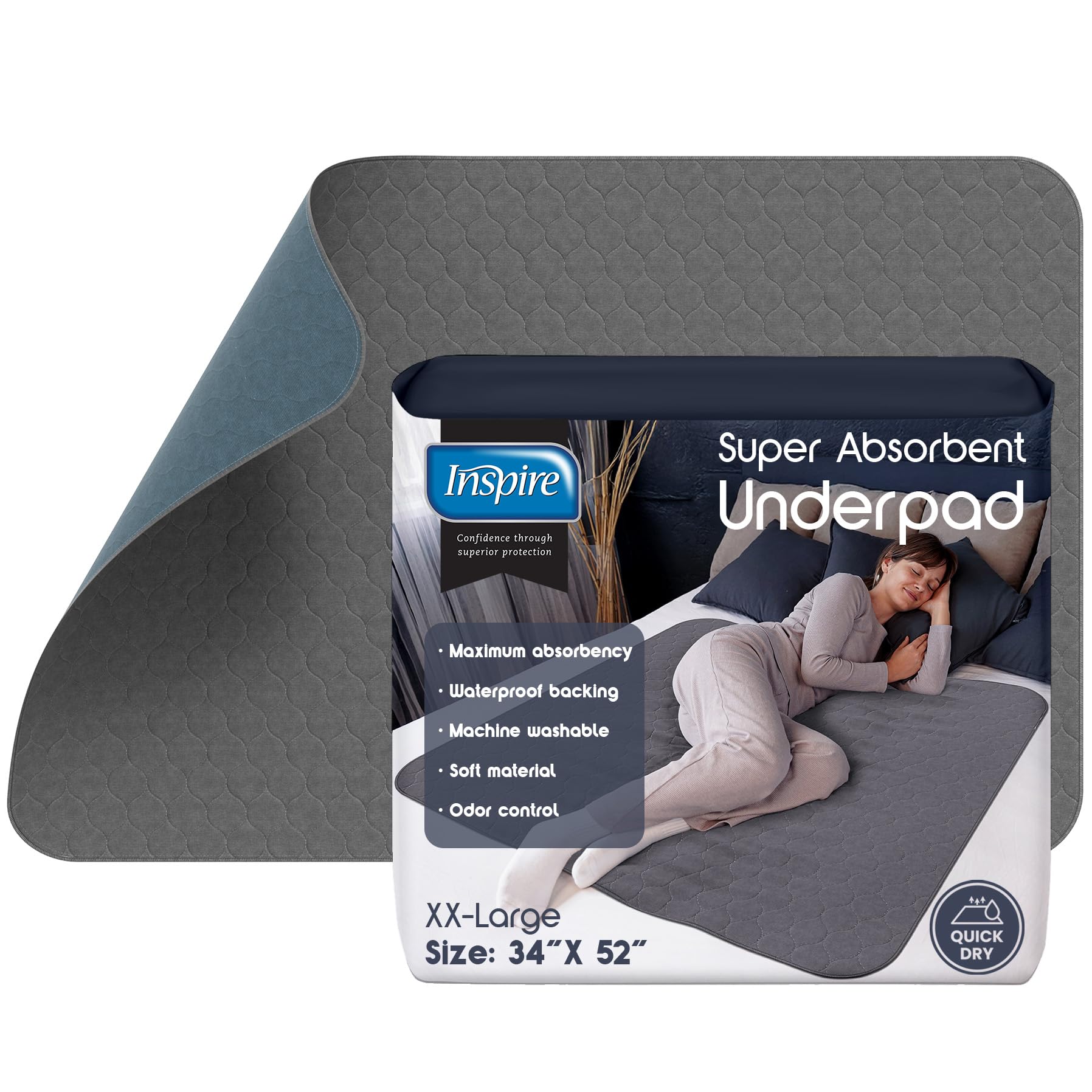 Photo 1 of Inspire Underpads | Stain Hiding Gray Reusable Incontinence Bed Pads | Waterproof Mattress Pad | for Adults Babies and Dogs (34 X 52 - 1 Pack)
