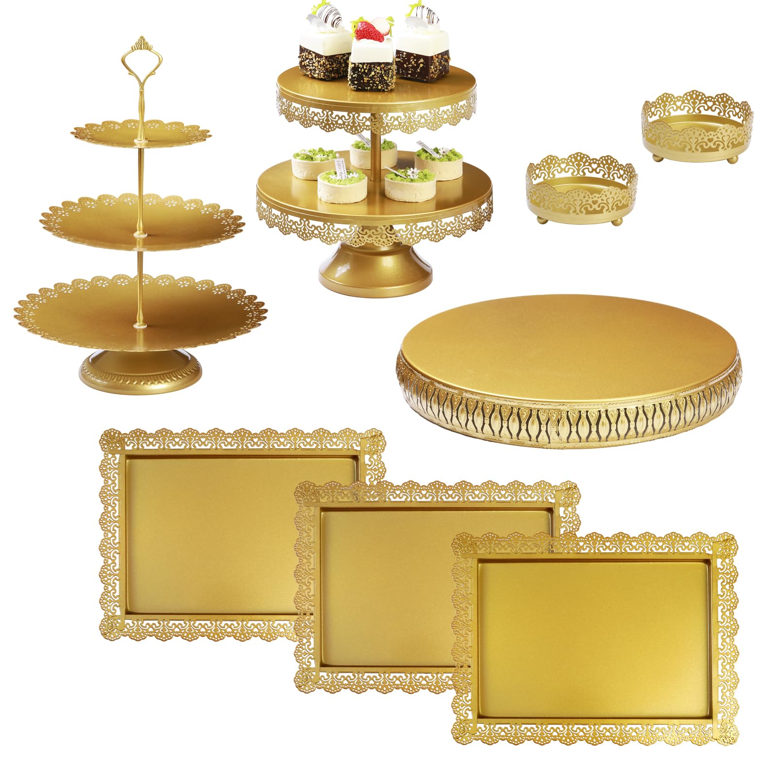 Photo 1 of Hotity 8Pcs Gold Cake Stand Set with 15" Base for Large Cakes, 2-Tier & 3-Tier Dessert Stands, Lace Edge Serving Trays – Elegant Display for Wedding, Birthday, Party Décor (Gold)