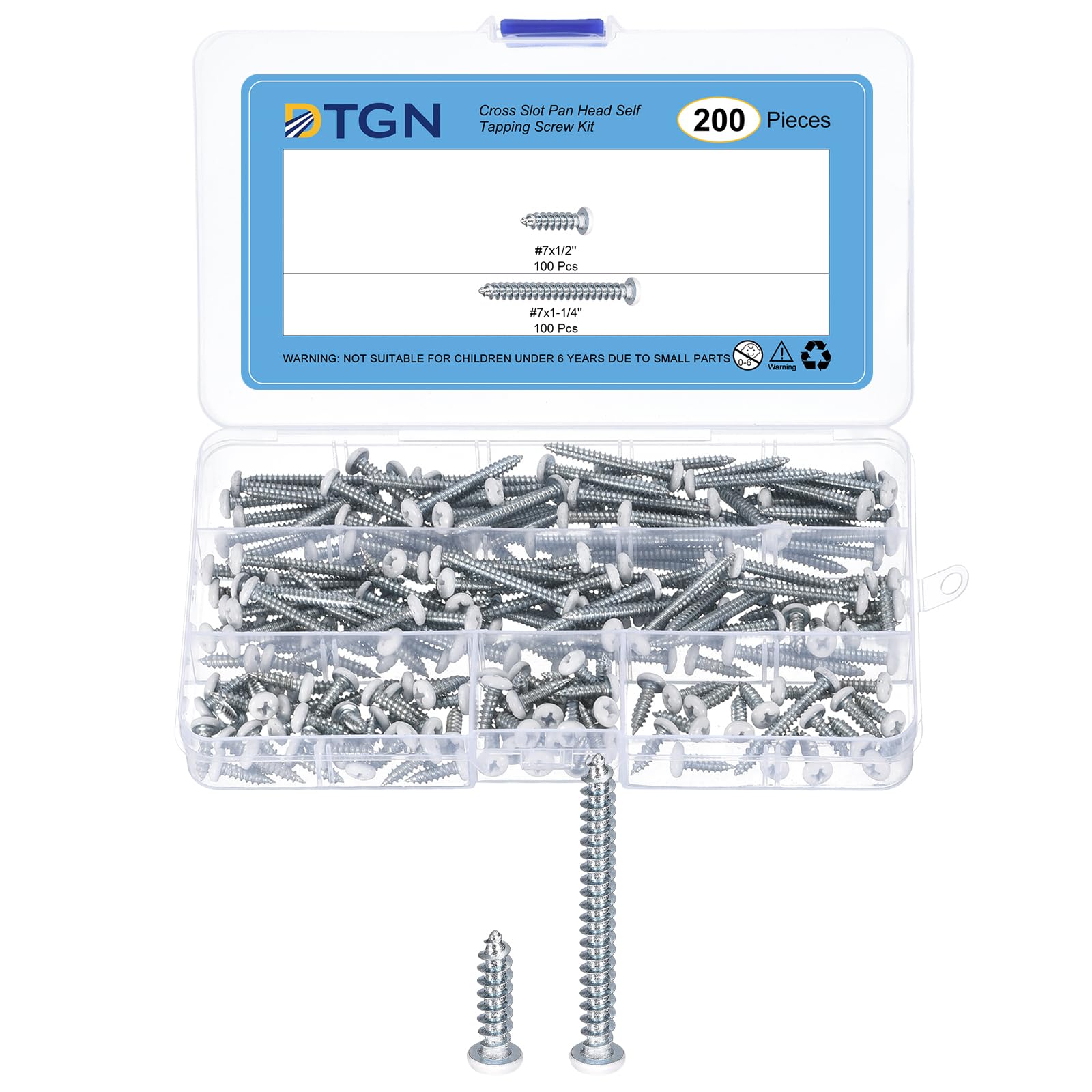 DTGN Pan Head Phillips Wood Screw Self Tapping Drive Screws Galvanized Carbon Steel,Blue-White(#7 x 1-1/4 in 100 Pcs and #7 x 1/2 in 100 Pcs)
