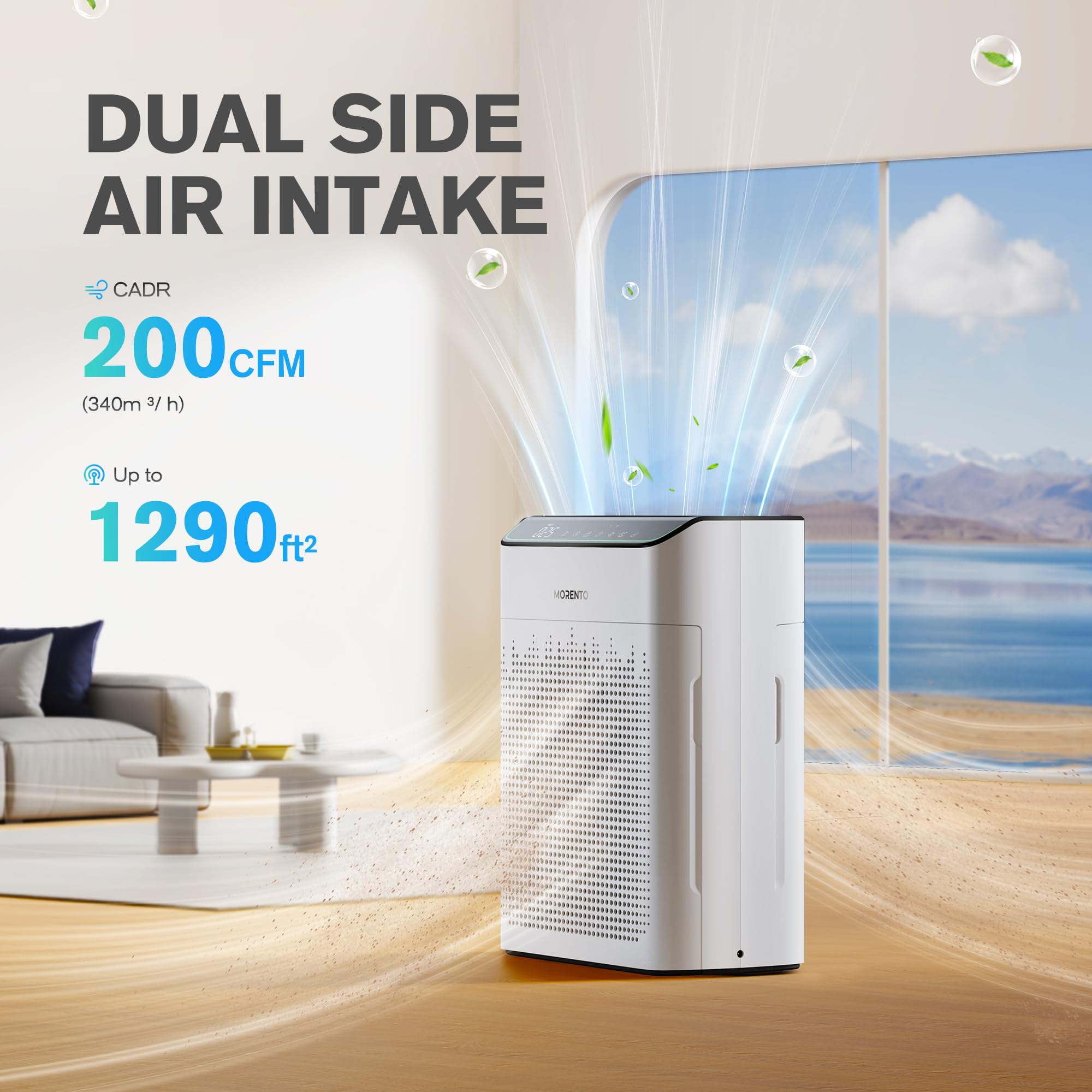 MORENTO Air Purifiers for Home Large Room Up to 1290 ft² with PM 2.5 Air Quality Monitor, Wi-Fi and Alexa compatible, HEPA Auto Mode Double-sided Air Inlet for Smoke and Odor, 23db, MR5866, White
