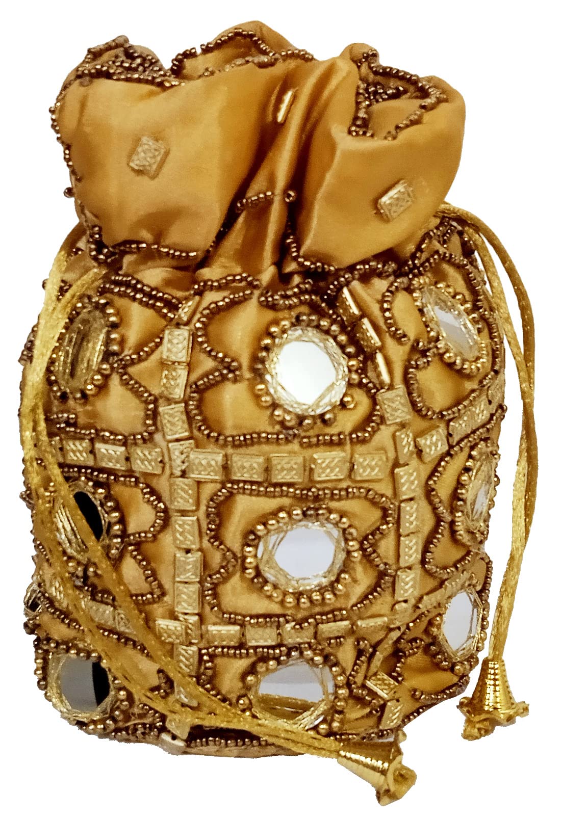 Purpledip Potli Bag (Clutch, Drawstring Purse) For Women With Intricate Gold Thread & Sequin Embroidery Work (Golden Color,11270)