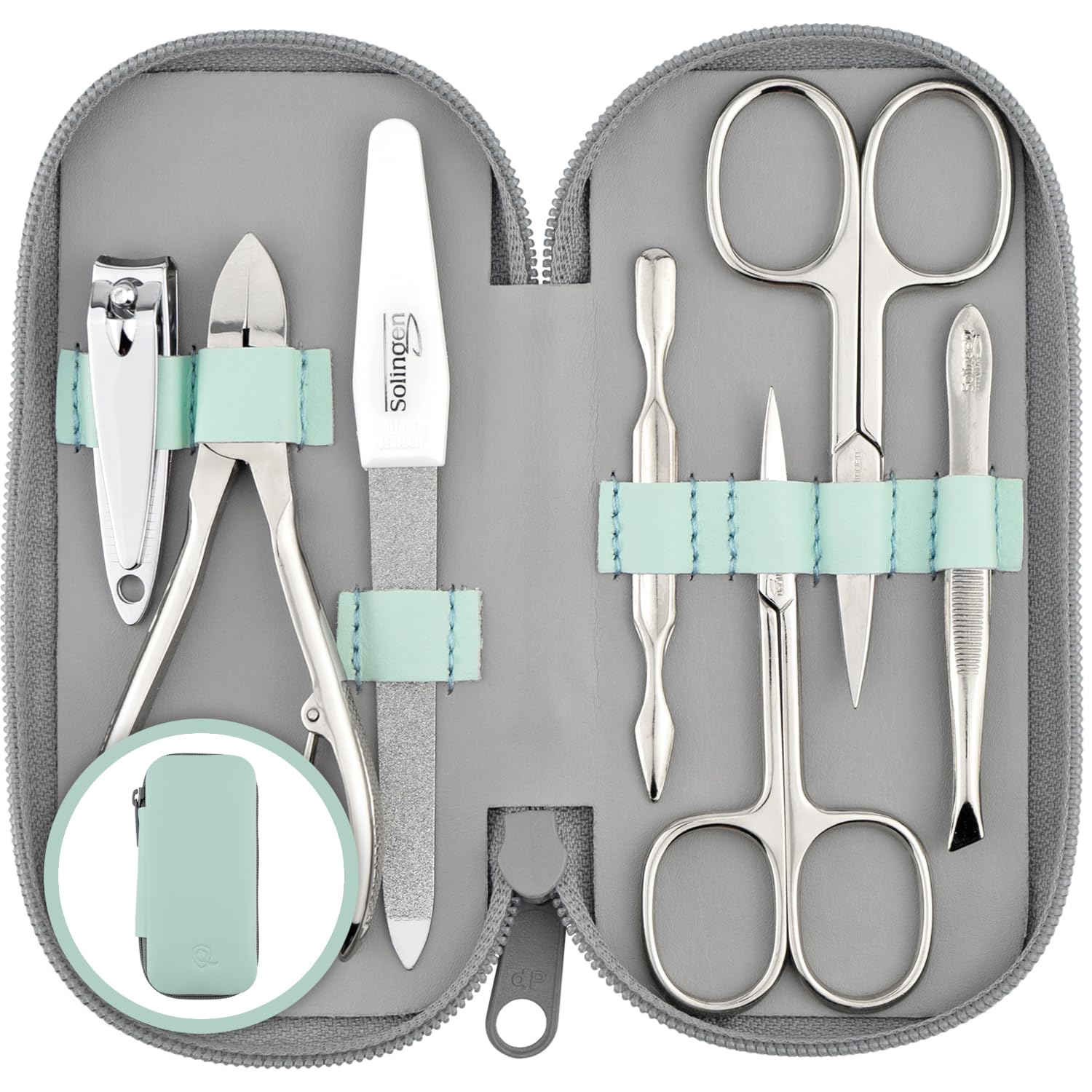 Solingen Manicure Set for Women & Men - 7-Piece Pedicure Kit Made in Germany with Nail Nippers - Elegant and Handy Fashion Leather Case - Ideal as a Gift, for Travelling or Home Use, Mint
