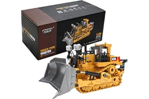 Goolsky 1:24 9CH RC Bulldozer, 2.4Ghz Alloy Bucket RC Tractor Truck Construction Engineering Vehicles with One Key Demonstrat
