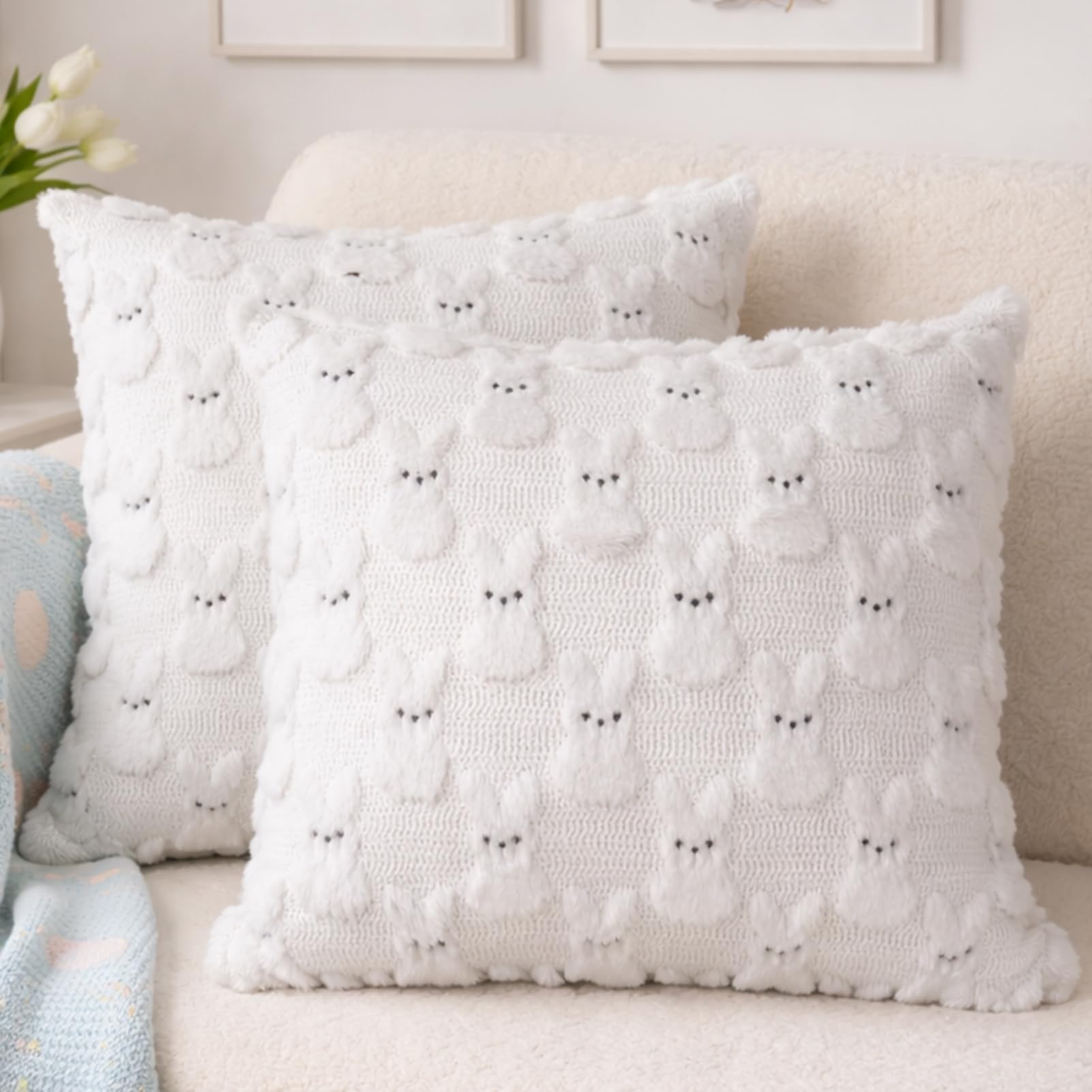 Yuubin Easter Bunny Pillow Covers 18x18 Set of 2,Rabbit Soft Plush Faux Fur White Spring Throw Pillow Cases for Home Decorations Sofa Bedroom Living Room Couch Bed Decor