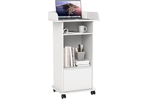 Qriocioa Podium Stand with Wheels Wooden Lectern Podium Stand Portable Pulpit Standing with Storage Mobile Reception Podiums Desk for Church Office School Conference Restaurant Meeting, White