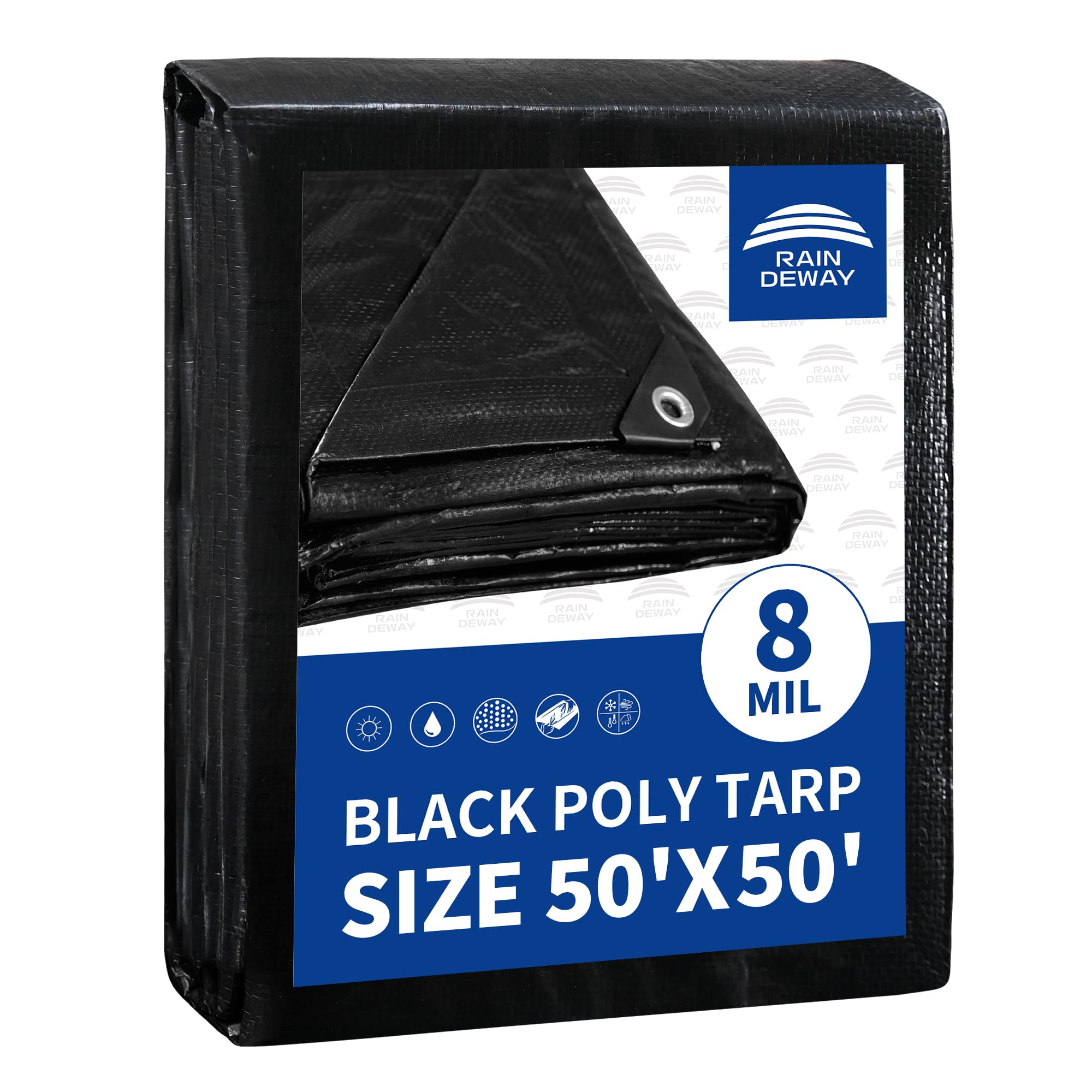 Photo 1 of RAINDEWAY Extra Large Tarp 50x50, 8 Mil Thick, Black Tarps Heavy Duty Waterproof, UV Resistant, Cover with Metal Grommets and Reinforced Edges, Finished Size