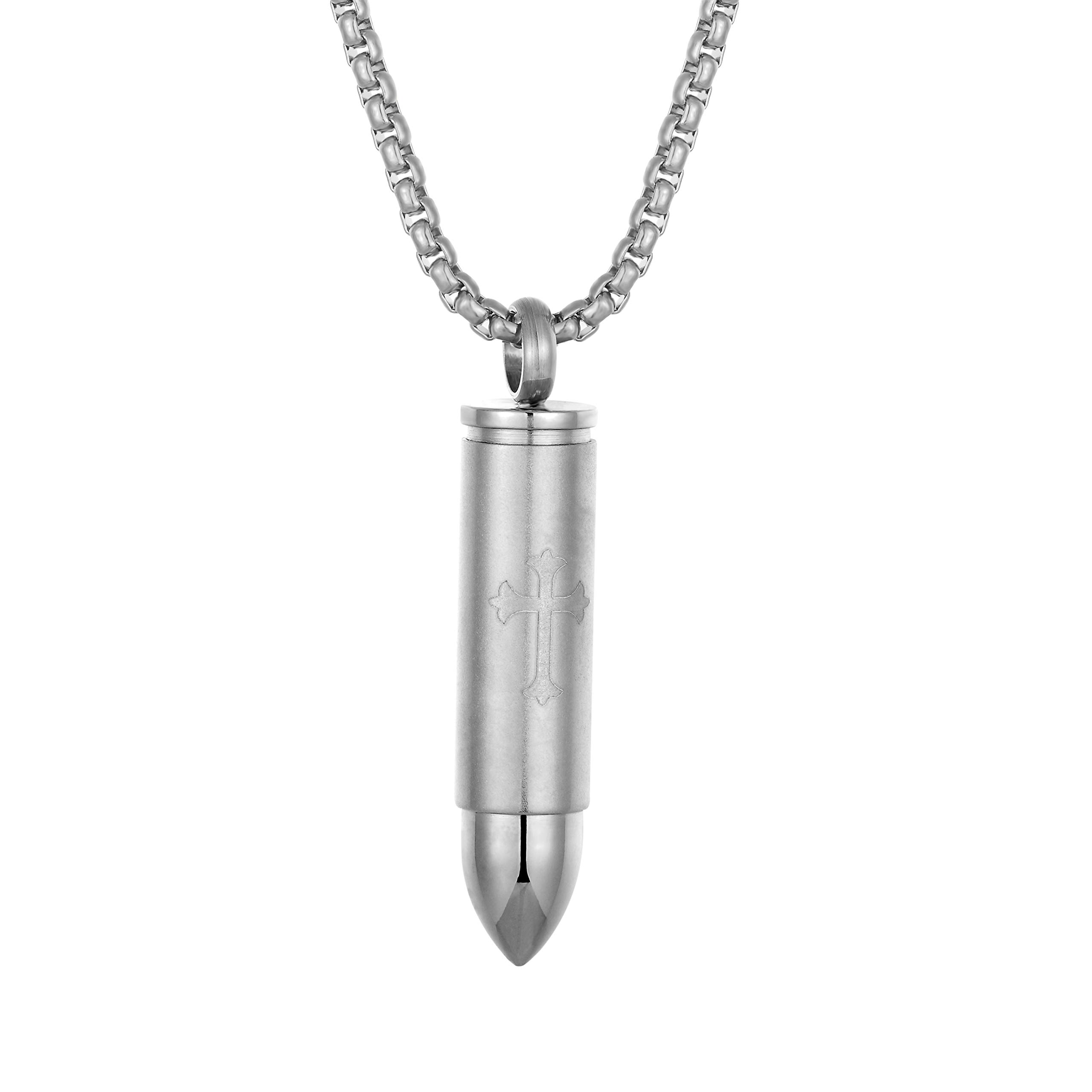 Urban Jewelry Striking Men’s Bullet Locket Necklace – Detailed with The Lord’s Cross - Rust & Discoloration Resistant Stainless Steel Pendant and Chain Silver