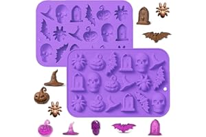 HWSFYES 2 Pack Halloween Chocolate Mold, 3D Silicone Candy Molds Halloween Baking Mold Skull Pumpkin Spider Bat Witch Hat Gummy Fondant Mold for Candy Cookie Ice Cube Sugar Cakes Decorating