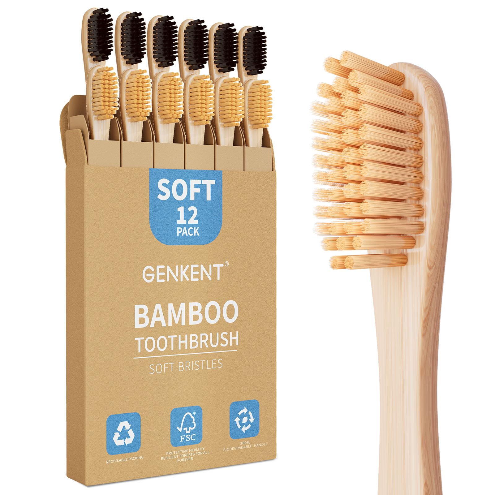 Photo 1 of GENKENT Bamboo Toothbrushes 12 Pack Natural Toothbrushes BPA Free Soft Bristles Toothbrush Eco Friendly Charcoal Toothbrush for Travel