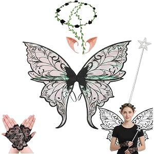 QYANGG 5 Piece Fairy Wings for Adult Women, Fairy Wings Costume Set Cosplay Wings with Elf Ears Wand Floral Crown and Gloves