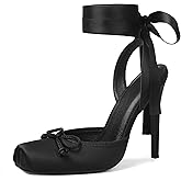 Celbreez Ballet Heels Satin Stiletto Heels for Women Close Square Toe Slingback Bow Lace Up High Nude Heel Women's Pumps Strappy Mary Jane Ballerina Heel Party Wedding Cute Shoes