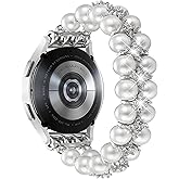 DEALELE Bands Beaded Compatible with Samsung Galaxy Watch 7 / FE / 6/5 / 4 40mm / 44mm / 5 Pro / 6/4 Classic, 20mm Bling Rhinestone Duoble-Row Pearls Elastic Bracelet for Huawei GT3 42mm Women