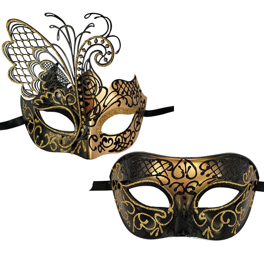 XVEVINA Couples Pair Mardi Gras Venetian Masquerade Masks Set Party Costume Accessory, Black Gold Couples, Large