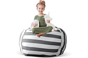Creative QT Stuff ’n Sit Extra Large 38’’ Bean Bag Storage Cover for Stuffed Animals & Toys, Giant Beanbag Chair Kids, Ages 3-14, Bedroom Organizer Holiday Gifts, Grey White Striped