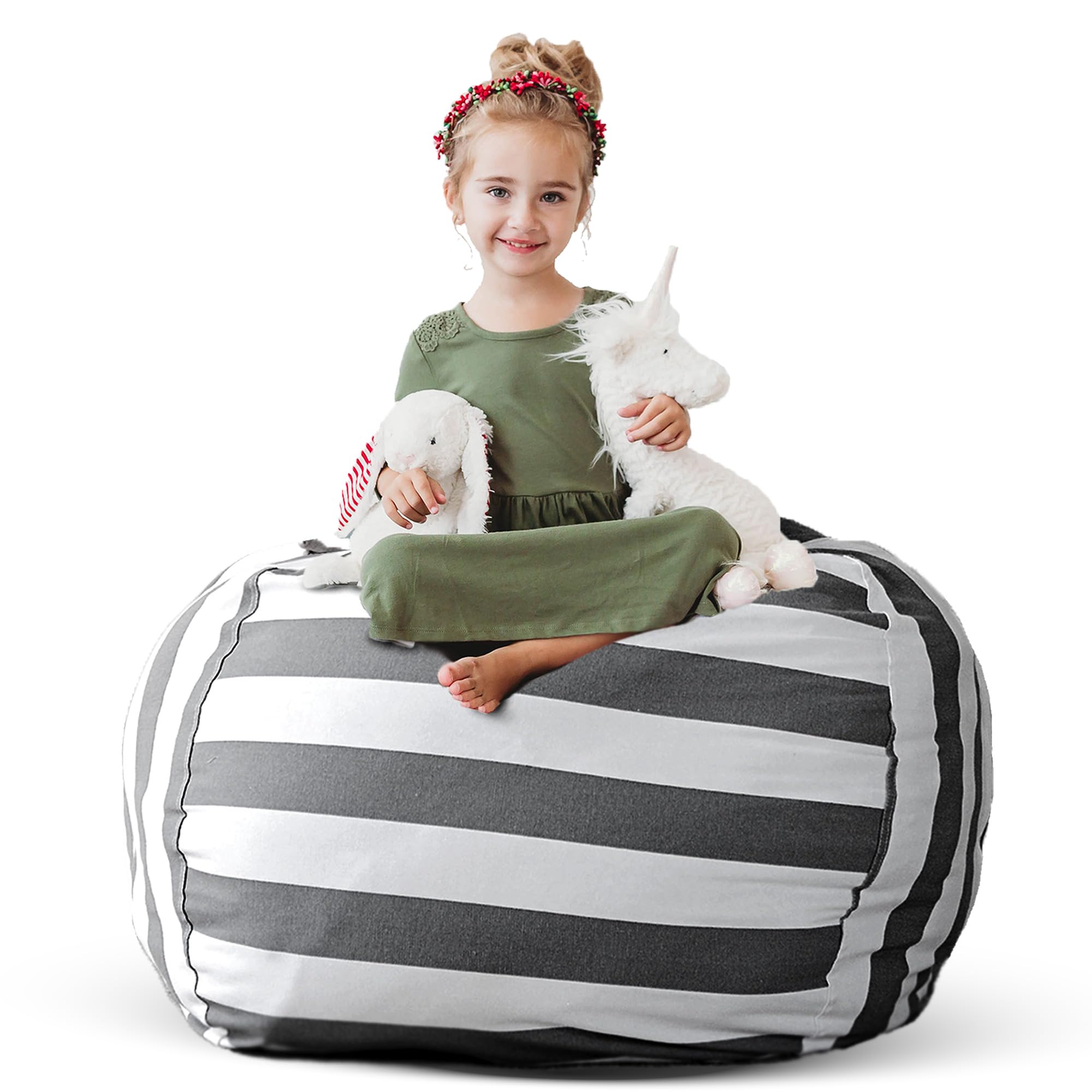 Creative QT Stuff ’n Sit Extra Large 38’’ Bean Bag Storage Cover for Stuffed Animals & Toys – Gray & White Stripe – Toddler & Kids’ Rooms Organizer – Giant Beanbag Great Plush Toy Hammock Alternative