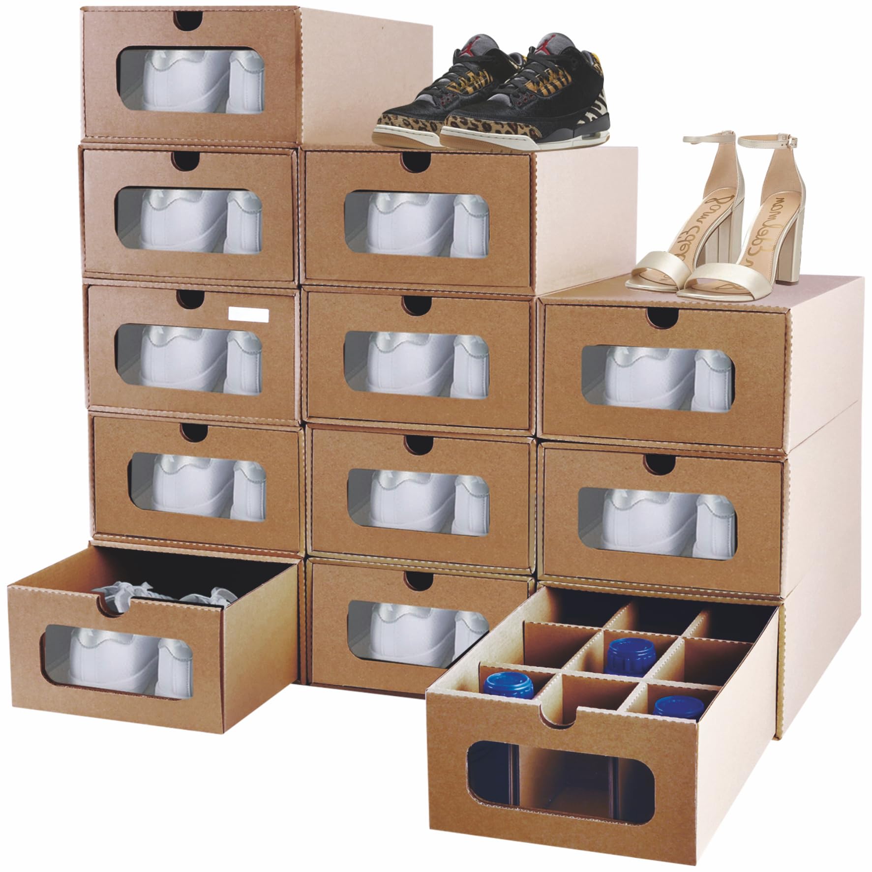 Photo 1 of 12 Pack Shoe Storage Bins Big Size(13.8'' x 9.6'' x 5.7''),Waterproof Storage Boxes,Shoe Containers For Sneaker Display,Hat Organizer,Stack-able Cardboard Boxes,with Marking Labels,Transparent Window