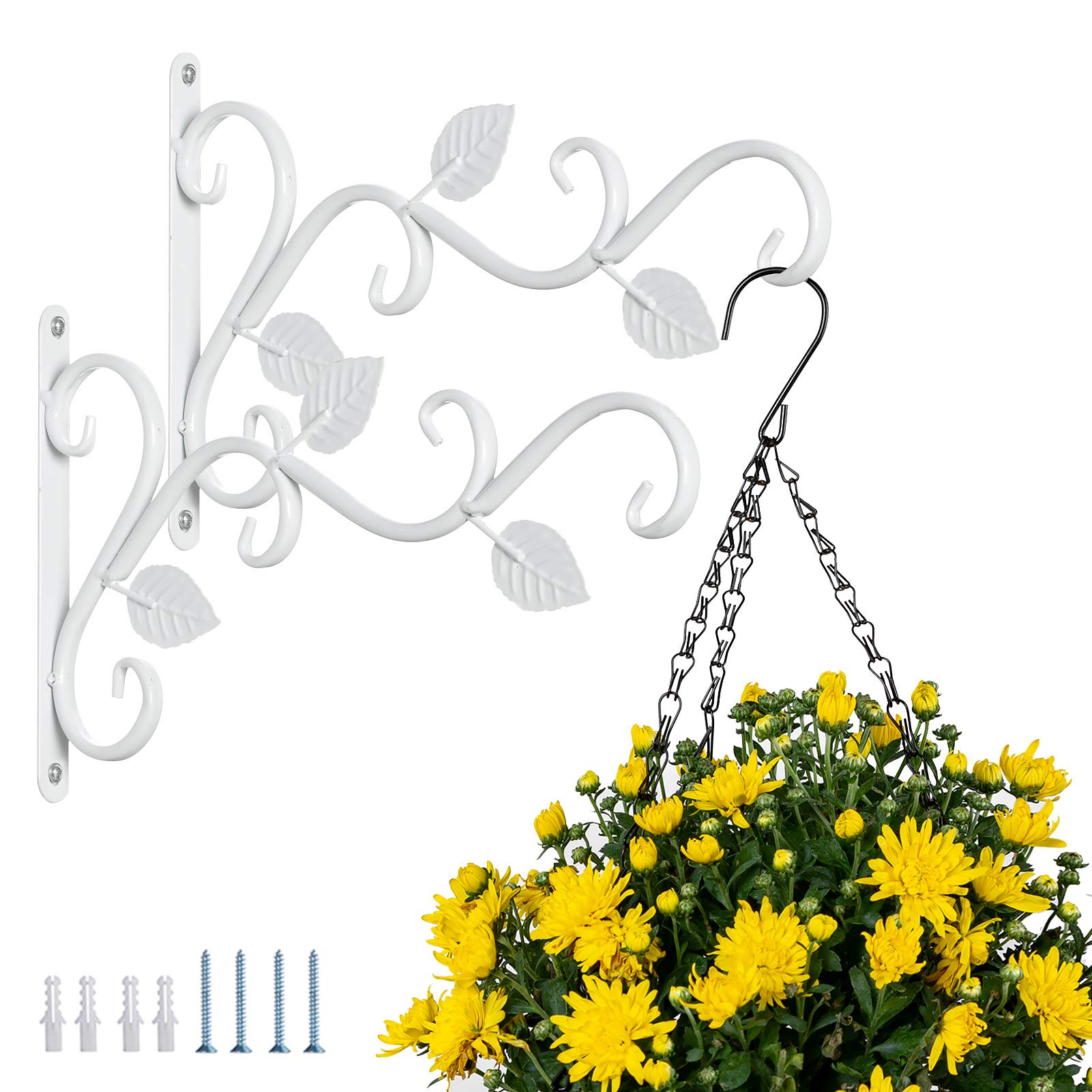 NUPTIO Wall Hanging Plant Bracket, 2 Pcs White Iron Hanging Hooks Wall Brackets 29.5cm Flower Pot Bird Feeder Hanger Retro Outdoor Indoor Garden Hook with Screws for Balcony Wind Chime Lantern