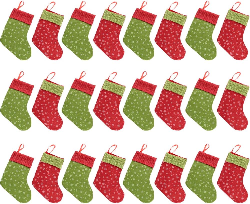 Stockings & Holders - QBSM Christmas Mini Stockings, 24 Pcs 9'' Small Felt Christmas Stockings with Snowflake Bulk Gift & Treat Holder Bags, Rustic Xmas Tree Decorations, Red and Green