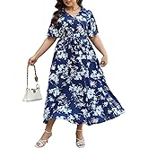Keluummi Plus Size Wedding Guest Maxi Dresses for Curvy Women, Summer Casual Floral 3/4 Sleeve Party Wrap Dress with Pockets