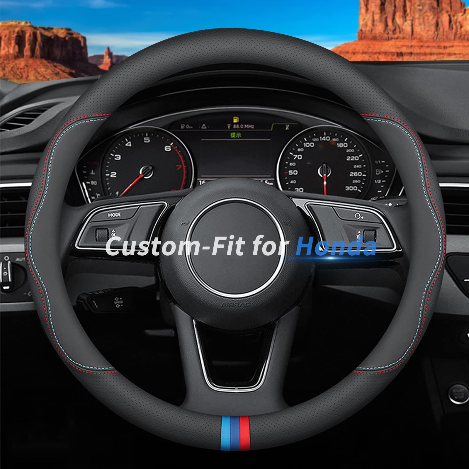 Photo 1 of Custom-Fit for Honda Steering Wheel Cover, Premium Leather Car Steering Wheel Cover with Logo, Non-Slip, Breathable, for Honda Accessories (C-Style,for Honda)