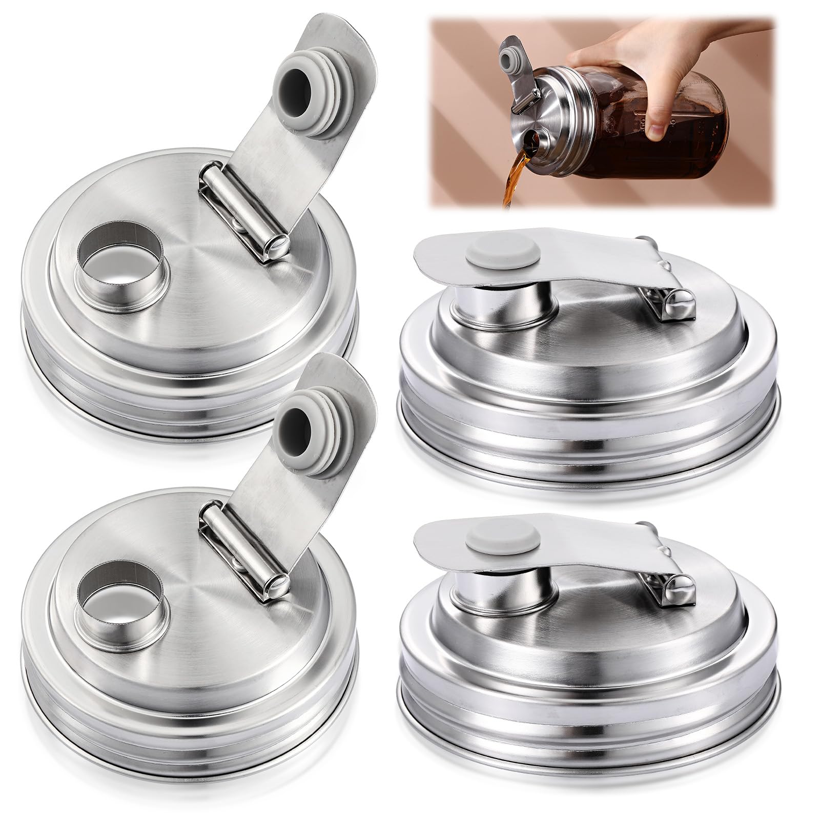 Photo 1 of Baderke 4 Pcs Stainless Steel Mason Jar Pour Spout Lid for Wide Mouth Mason Jars, Rust Proof Leak Proof Seal Cover fit Home Tea, Milk, Juice Drinks Airtight Turns your Container into Pitcher
