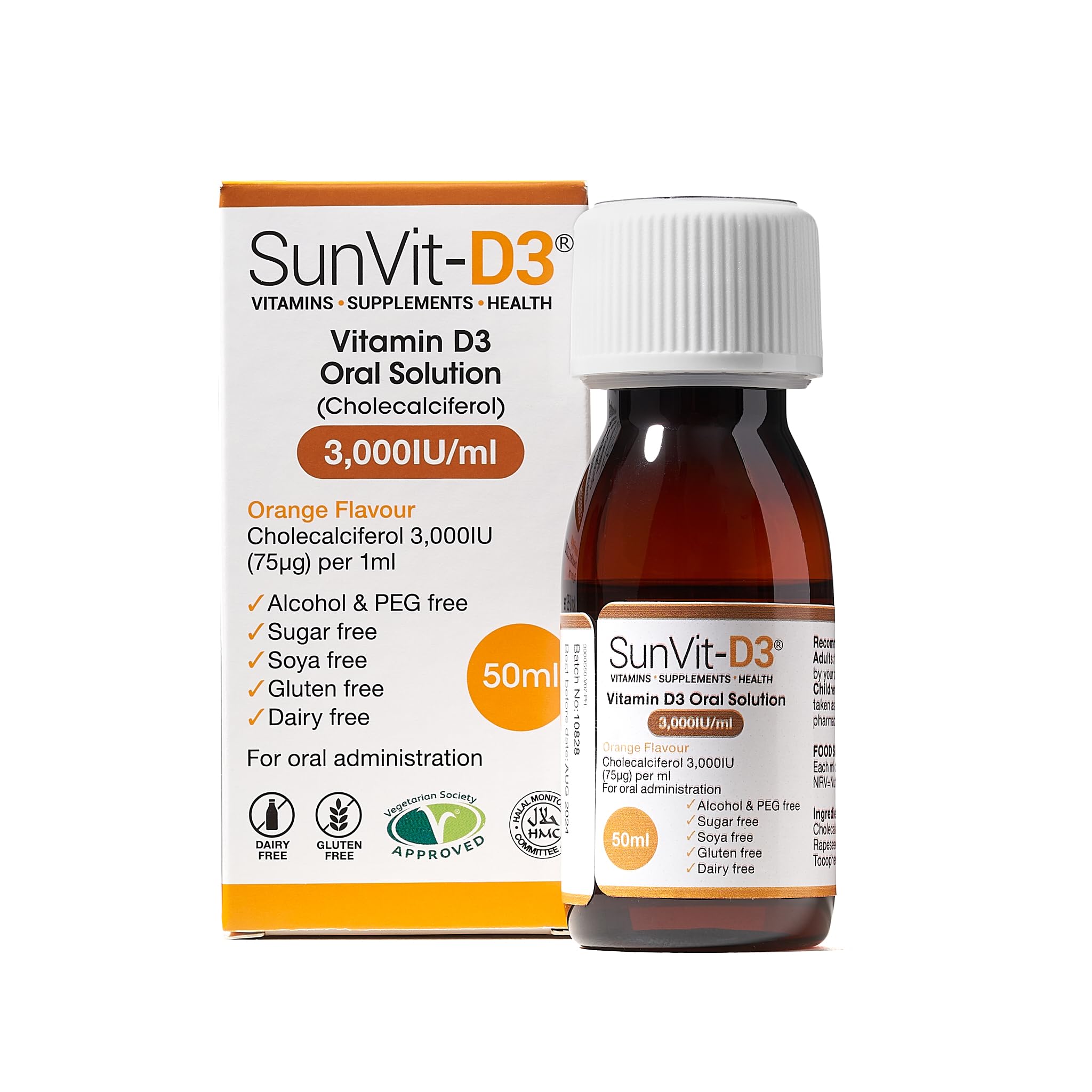 SunVit-D3 Vitamin D3 3000IU Oral Solution - Vitamin D for Kids | Cholecalciferol Vitamin D Drops Baby | Supports Bone, Teeth, Muscle & Immune System (50ml Orange Flavor)
