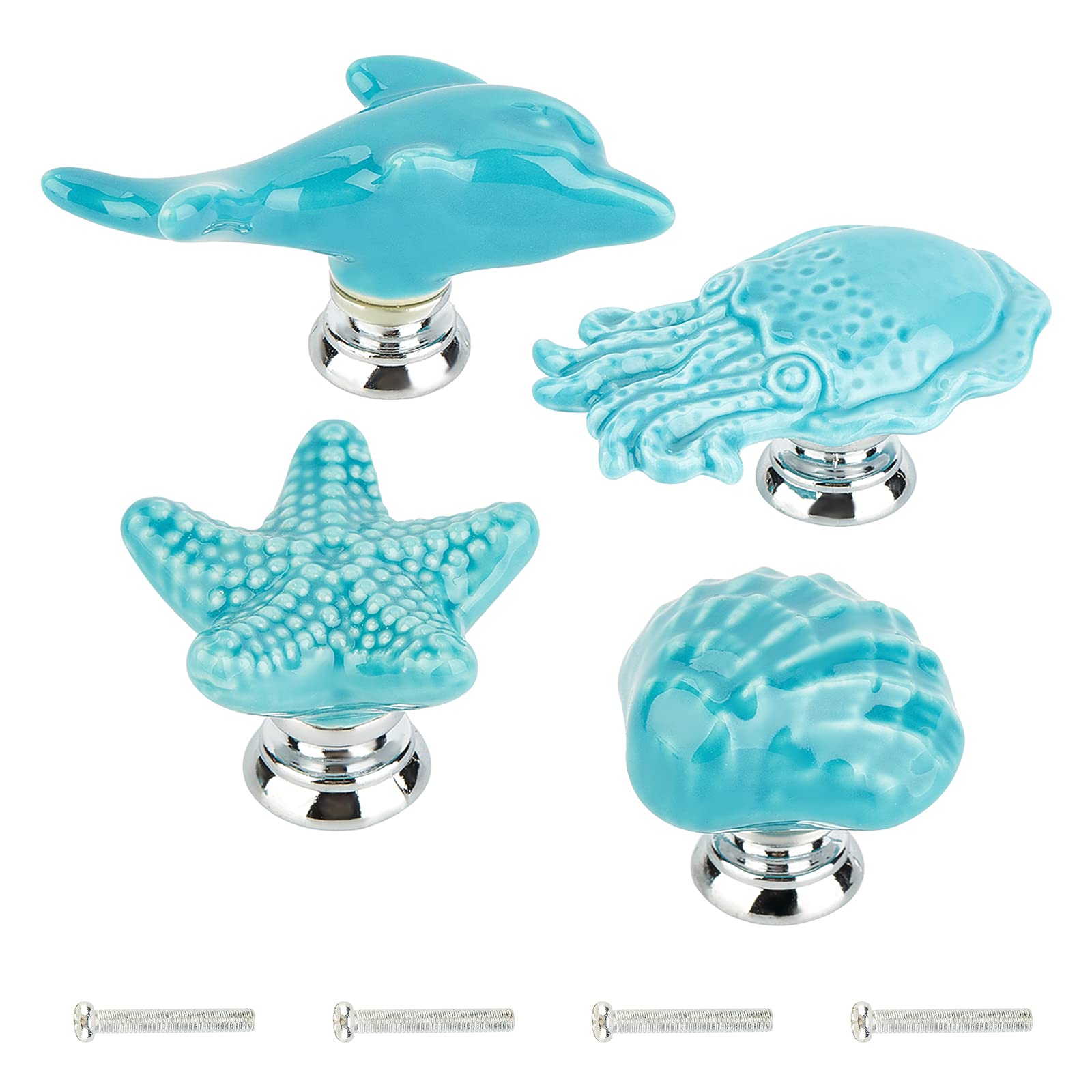 GORGECRAFT 4Sets Starfish Octopus Shell Dolphin Ceramic Cabinet Knobs Marine Animals Theme Ocean Cartoon Style Handmade Dresser Knob Drawer Pulls for Cupboard Kitchen Wardrobe Furniture (Blue)
