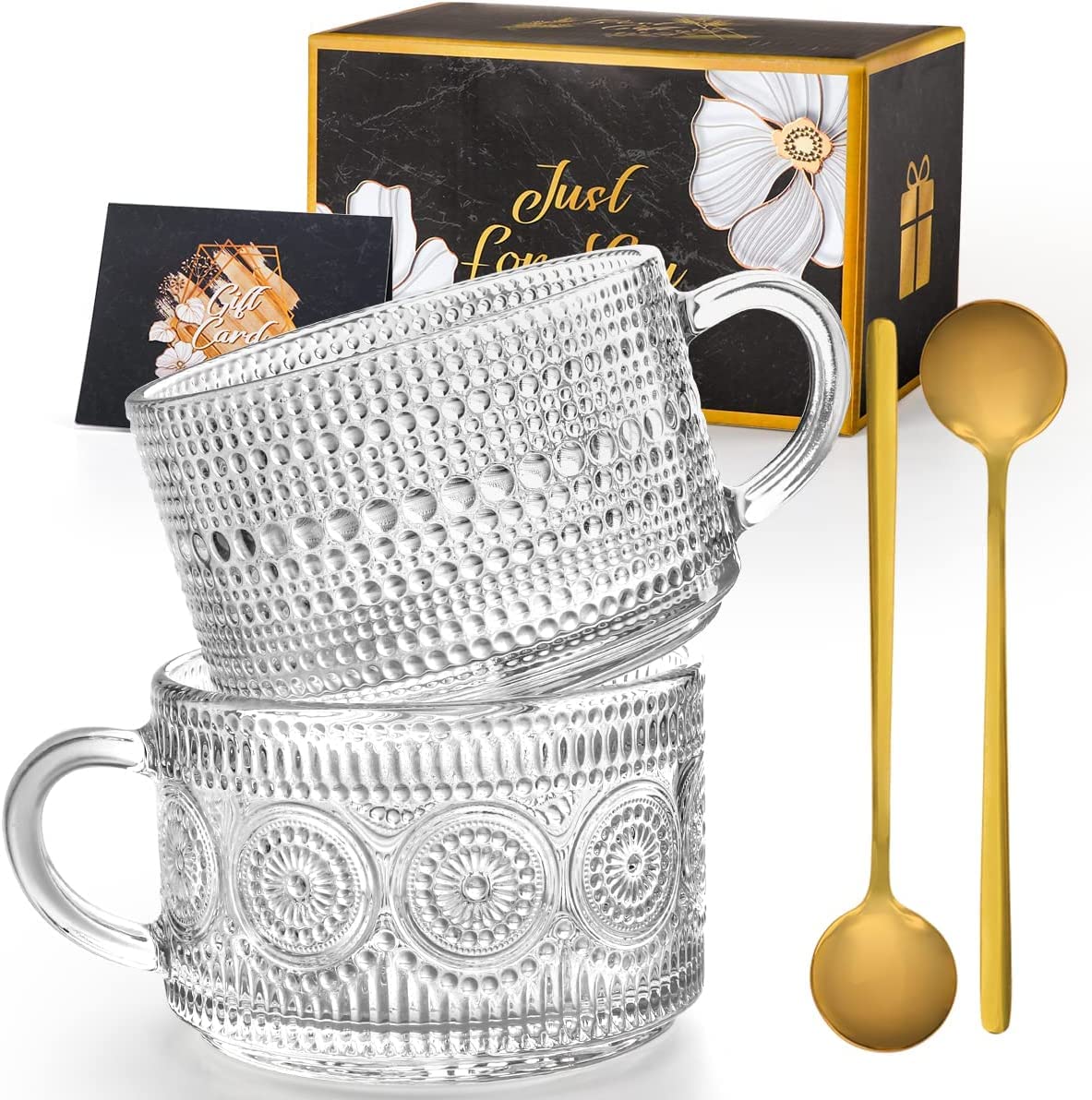 Gutsdoor Vintage Glass Coffee Mugs Set of 2, 14 Oz Clear Embossed Tea Cups Stackable Glass Coffee Cup with Spoons for Espresso, Latte, Cereal (Flower+Beads)
