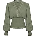 Scarlet Darkness Women's Renaissance Peasant Blouse V Neck Lantern Sleeve Lace Smocked Tops