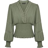 SCARLET DARKNESS Renaissance Shirt Women Boho Long Sleeve V Neck Smocked Peasant Tops