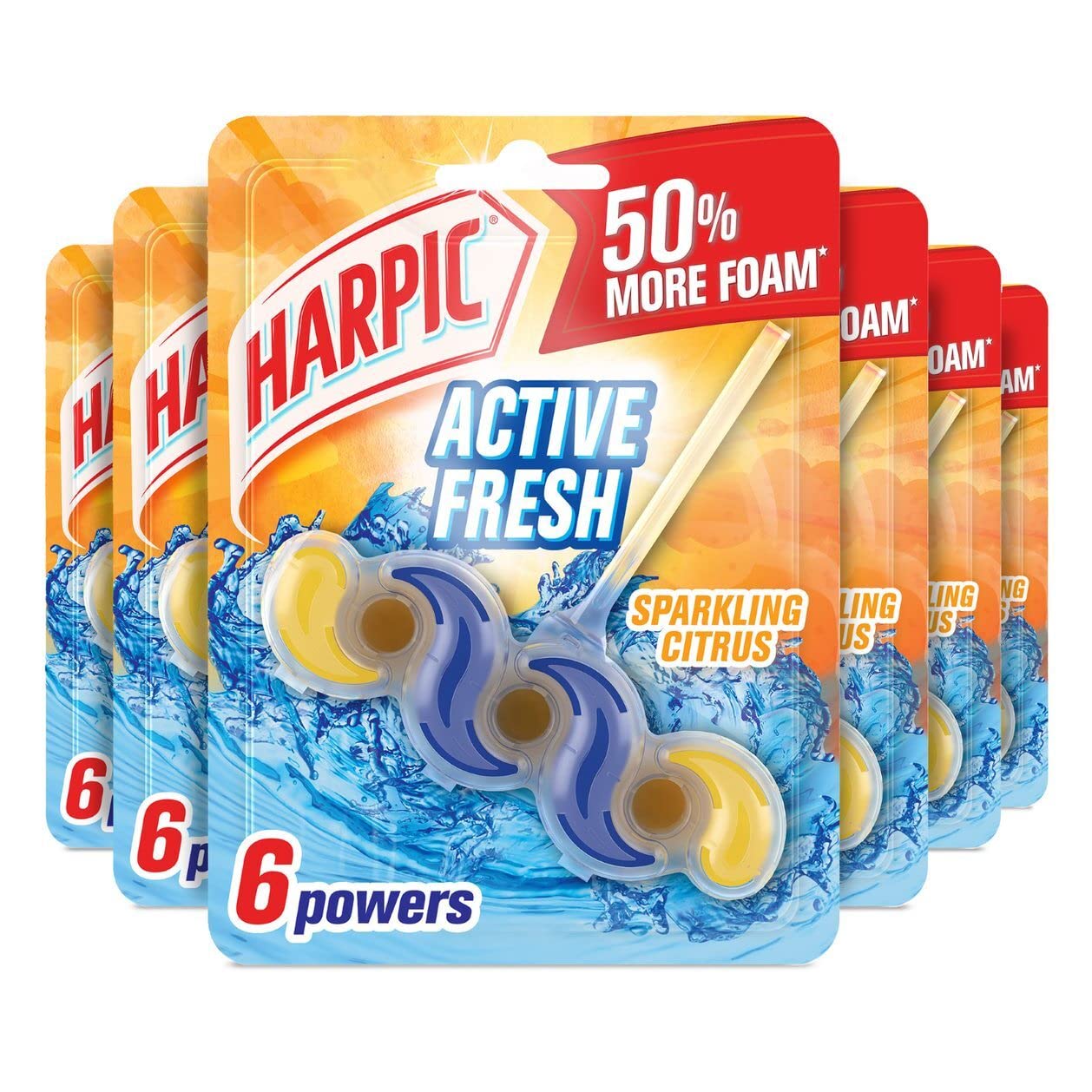 Harpic Active Fresh Toilet Rim Block, Sparkling Citrus, Pack of 6, Anti-Limescale, Dirt Remover, Lasts up to 30 weeks and up to 1250 flushes, Toilet Cleaner, Toilet Freshener